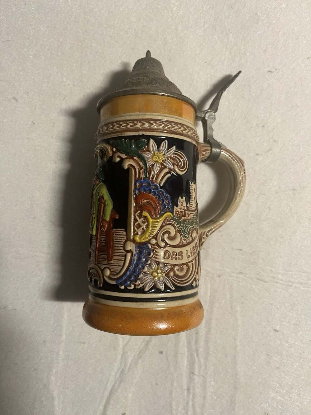 Vintage Gerz German Beer Stein Lidded Das Lied Germany Relief Ceramic Pewter